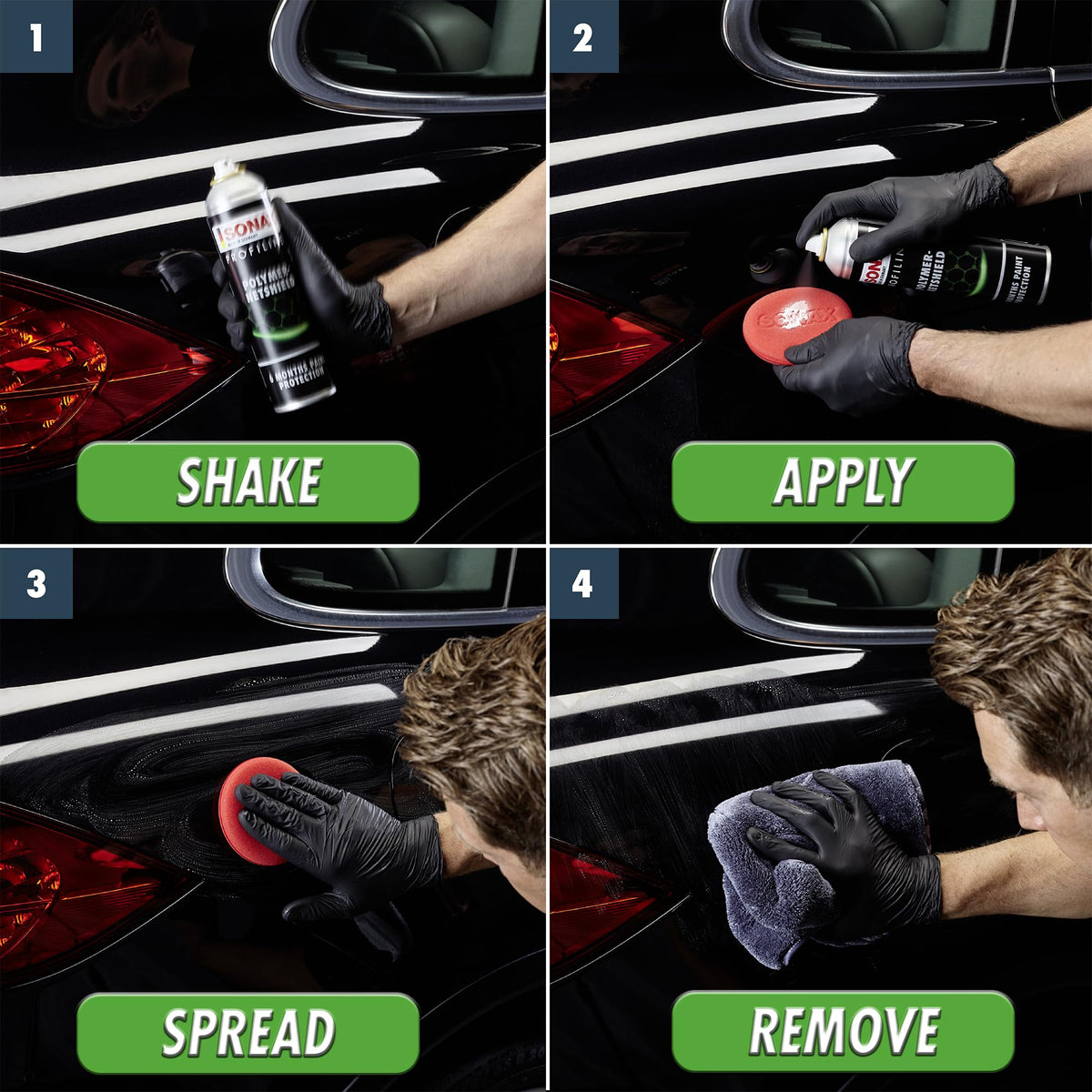SONAX spray application on car panel demonstrating fast coverage benefit