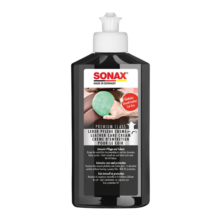 SONAX front bottle shot showing cream and clear labeling benefit restoration