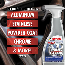 SONAX spray being applied to alloy wheel for effective brake dust removal