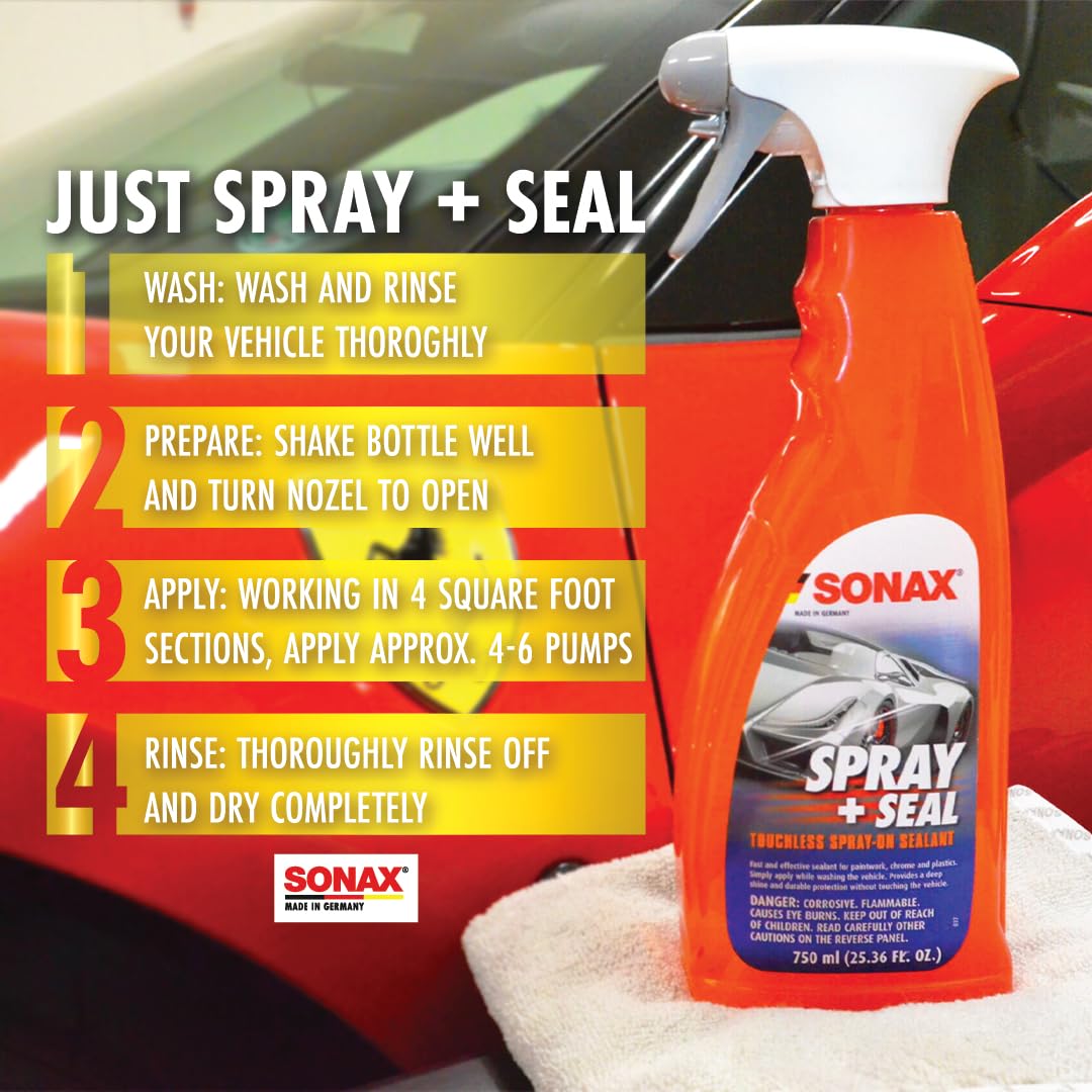 SONAX being sprayed on a wet hood for fast application and shine