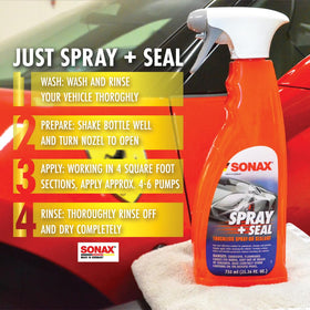 SONAX being sprayed on a wet hood for fast application and shine