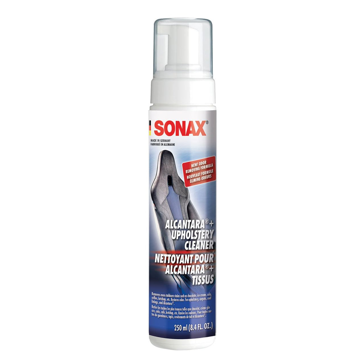 SONAX bottle front label showing product and benefit of gentle fabric cleaning