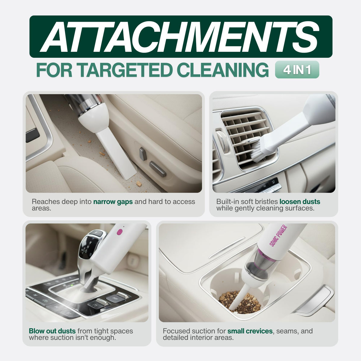 SonicPower cleaning car seat removing crumbs and pet hair benefit