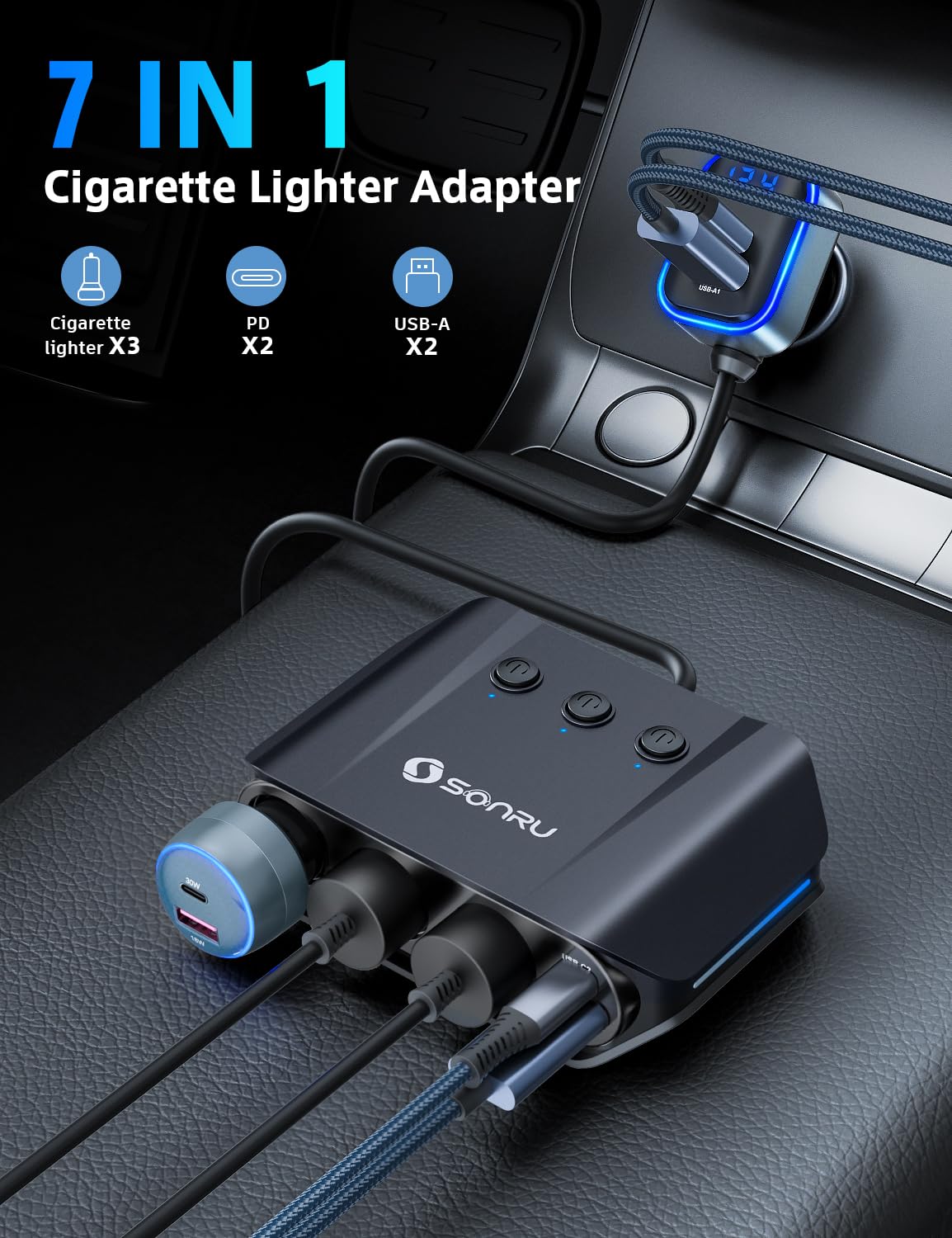 SONRU closeup of USB-C and USB-A ports highlighting fast charge capability