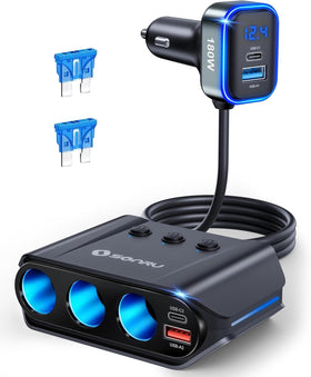 SONRU front view adapter showing all sockets and USB ports for versatile powering