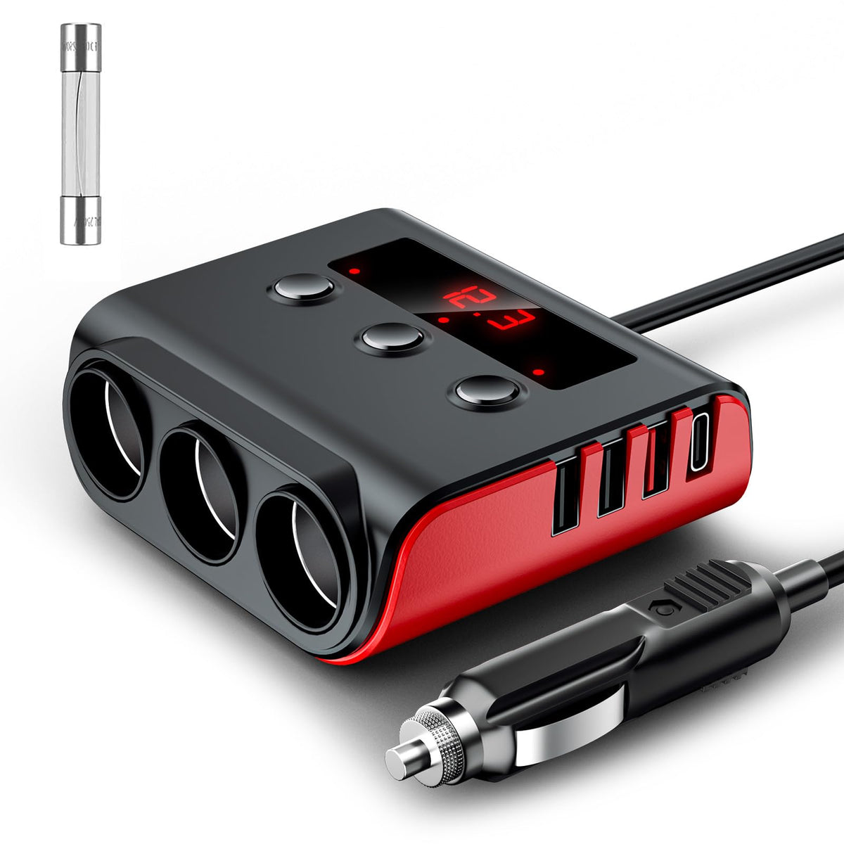 SONRU front view showing three cigarette sockets and USB ports for expanded power