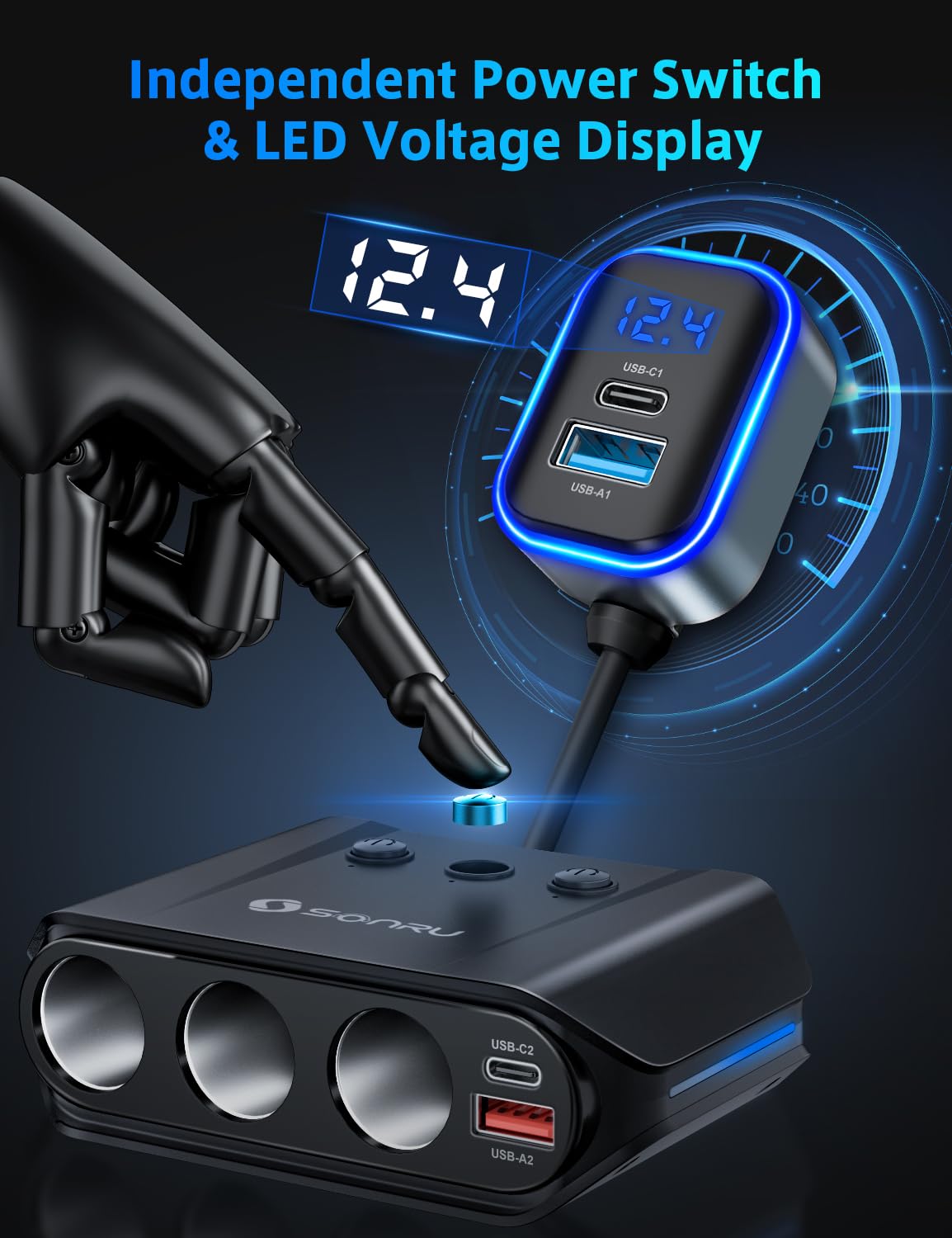 SONRU installed in car console powering devices for organized in-vehicle charging