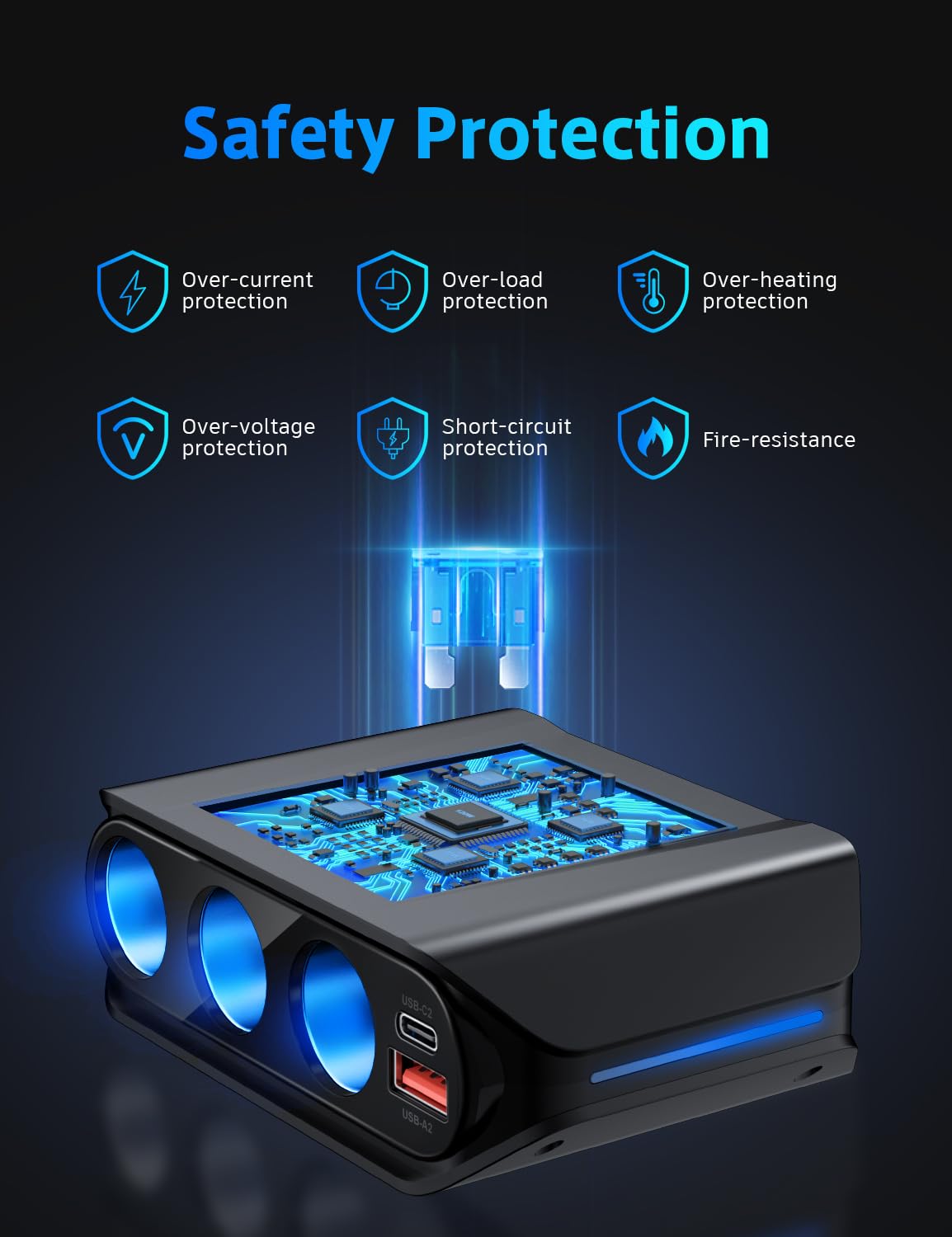 SONRU independent switches close-up controlling each cigarette lighter socket safely