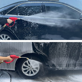 Sooprinse gun in use cleaning a gutter for efficient debris removal