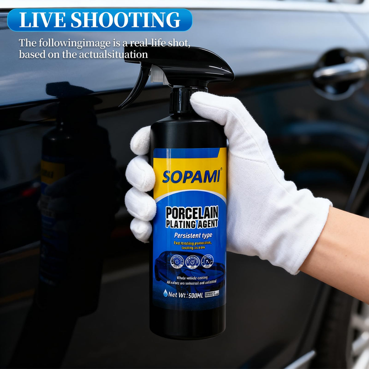 SOPAMI being applied to car door by hand, illustrates quick waterless wash benefit