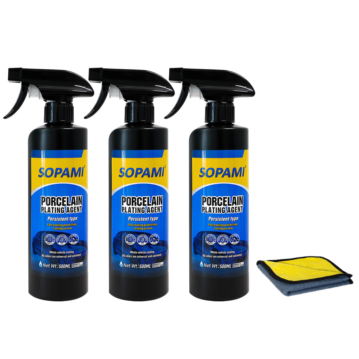 SOPAMI front packaging showing three spray bottles and label, highlights convenience