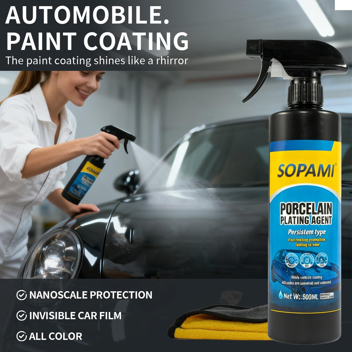 SOPAMI spray nozzle close-up highlighting easy spray-on application benefit
