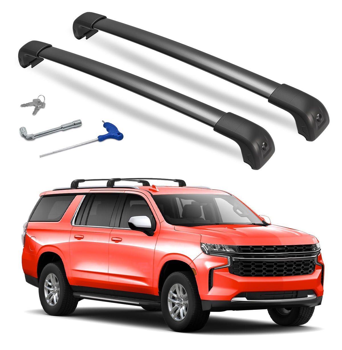 Soruci front profile on Chevy Suburban showing secure roof cargo benefit