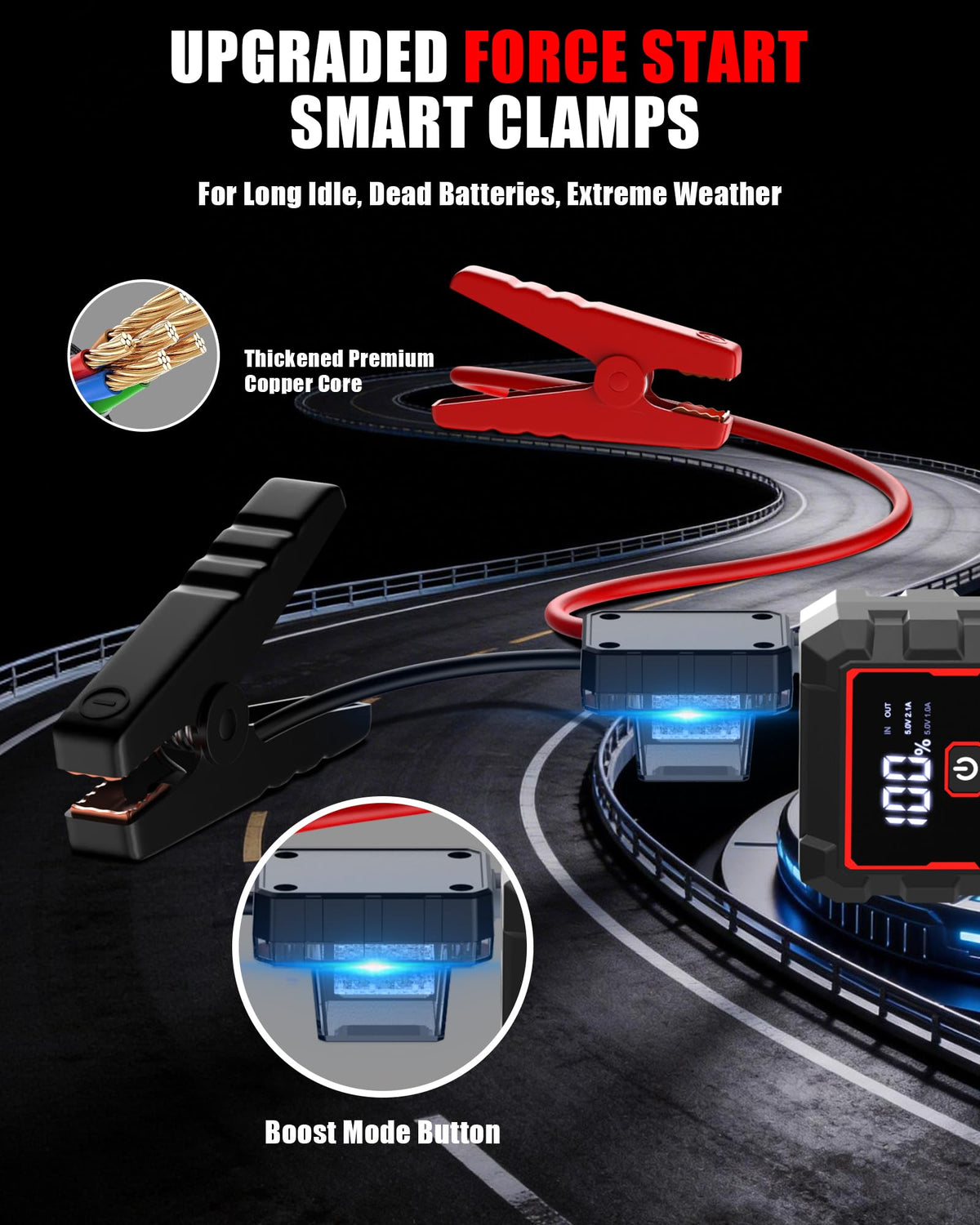 Soulor connected to a car battery with clamps illustrating quick-start capability