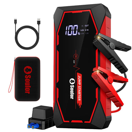 Soulor front packaging showing compact jump starter and included accessories for quick identification