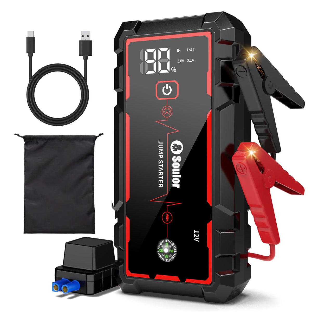 Soulor jump starter front view showing compact design and accessibility benefit