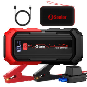 Soulor front view showing compact jump starter and included accessories for easy storage