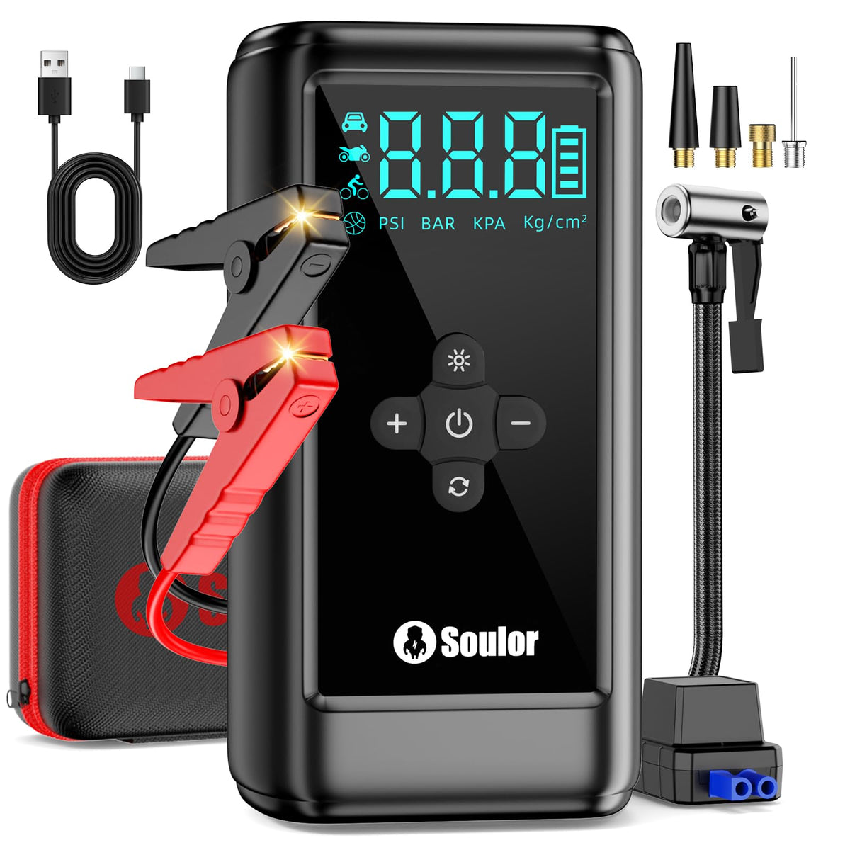 Soulor front view of jump starter showing compact benefits