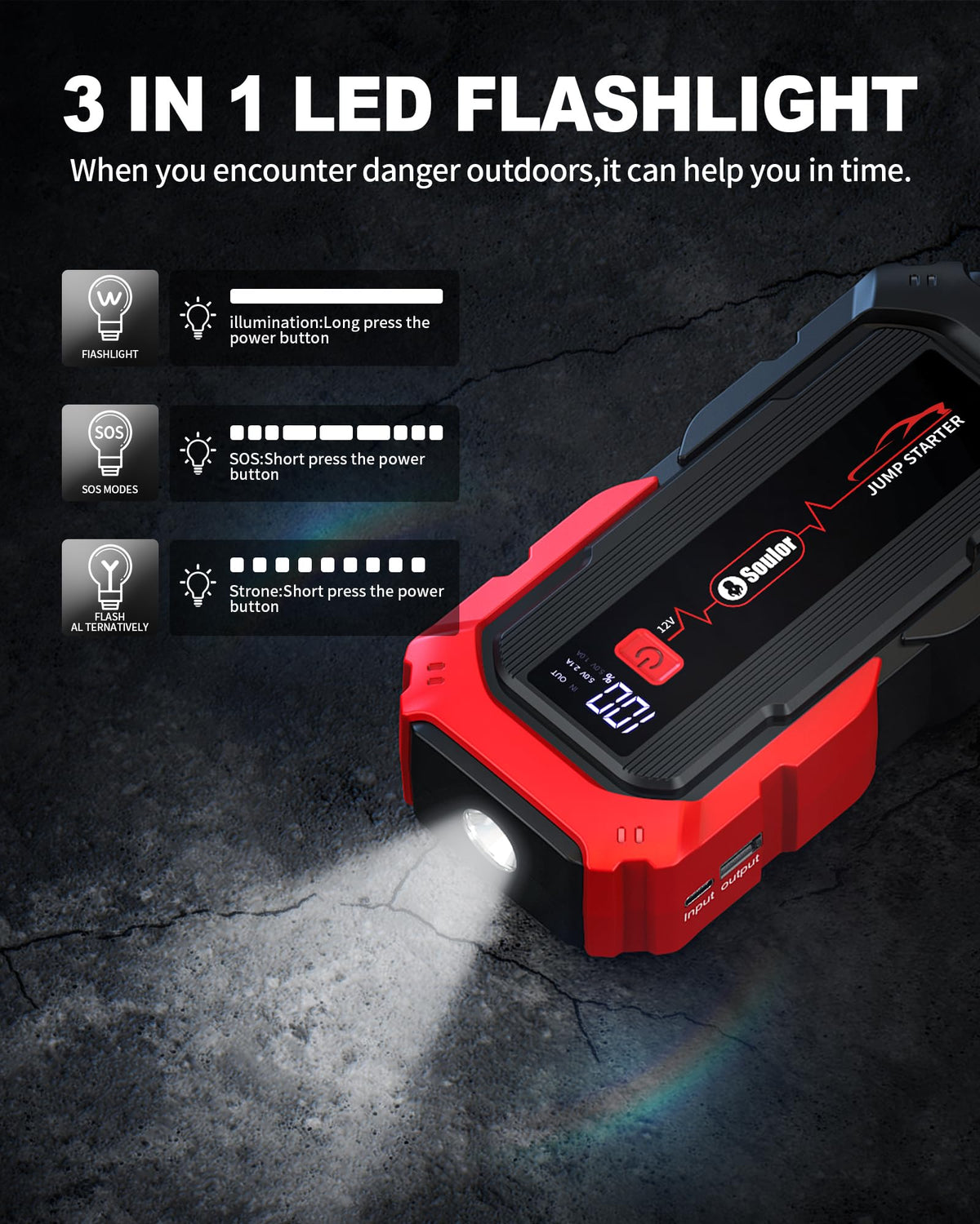 Soulor LED flashlight illuminated in dark to show bright 600-lumen emergency lighting