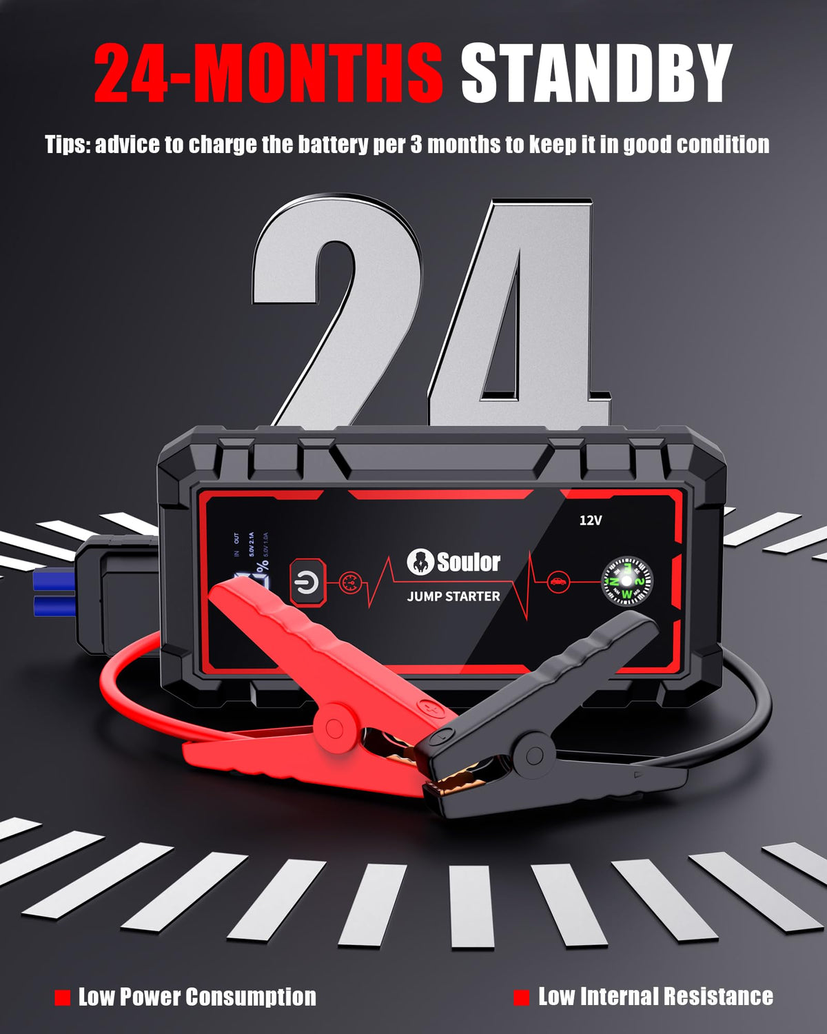Soulor jump starter used roadside with car trunk open showing emergency readiness