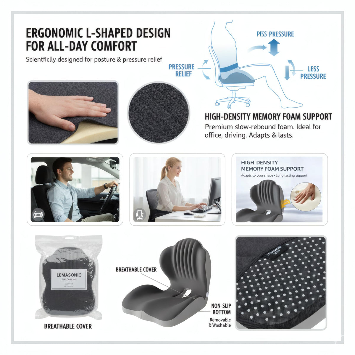 SOWAXGO cushion in office setting illustrating better posture and comfort