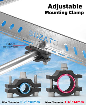 SOZATO clamp attached to ladder rail demonstrating adjustable pipe clamp benefit