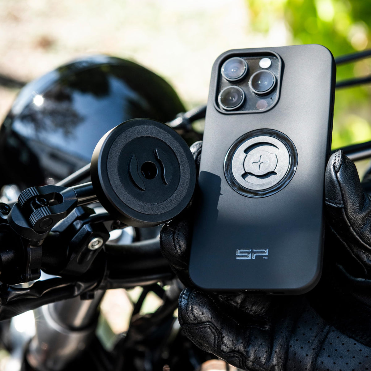 SP CONNECT SPC+ with phone mounted in landscape for clear navigation visibility and stability