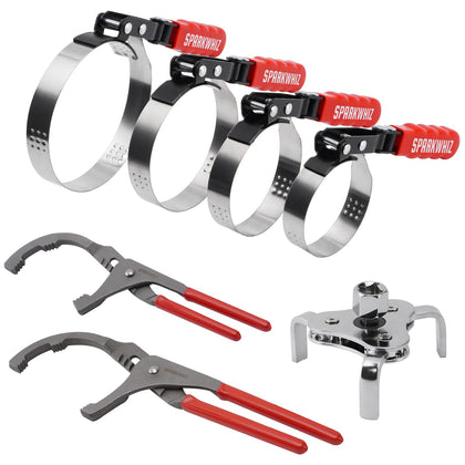 SPARKWHIZ front view of 7-piece oil filter wrench set showing compact kit and labels