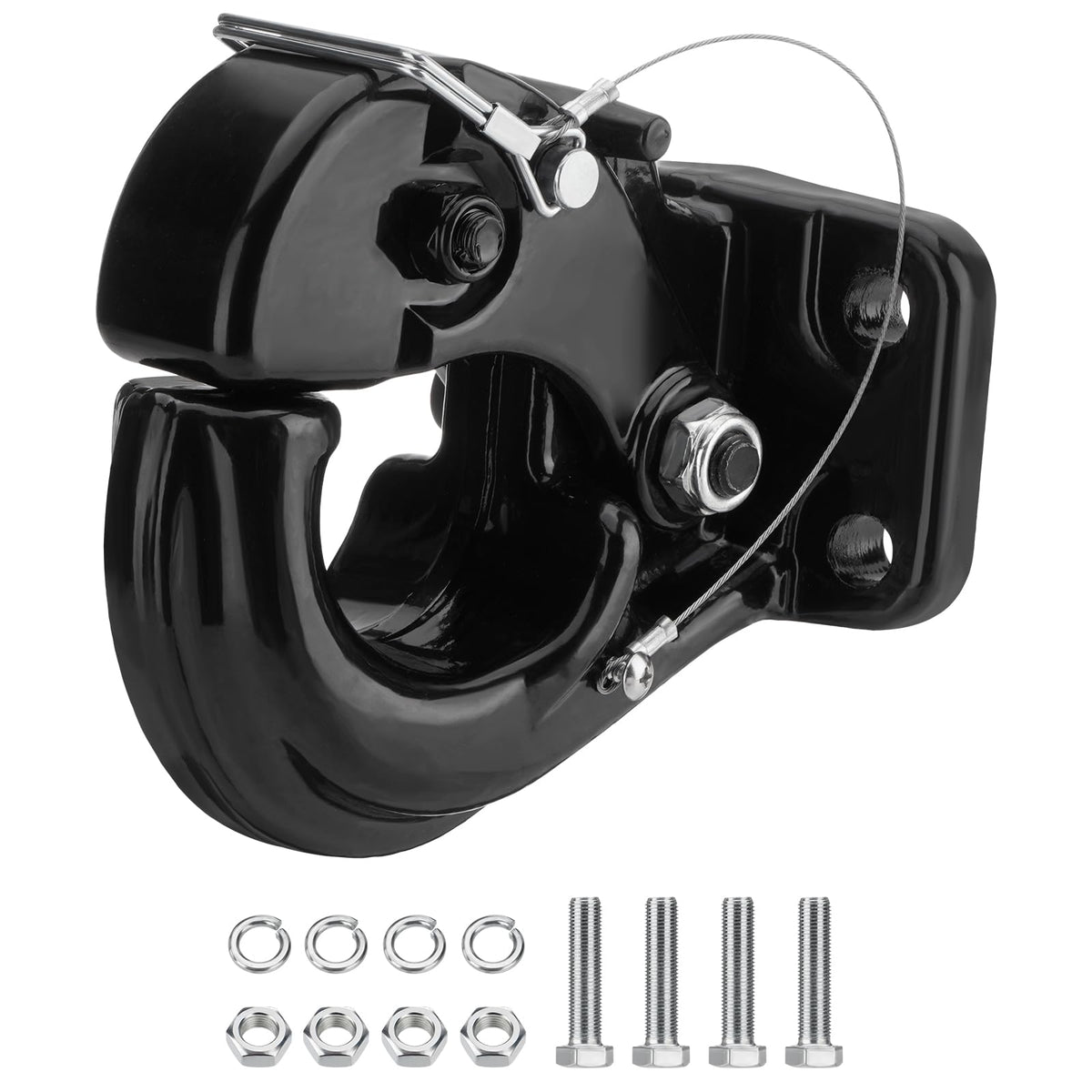 SPARKWHIZ pintle hook front view showing latch and robust hook for secure towing