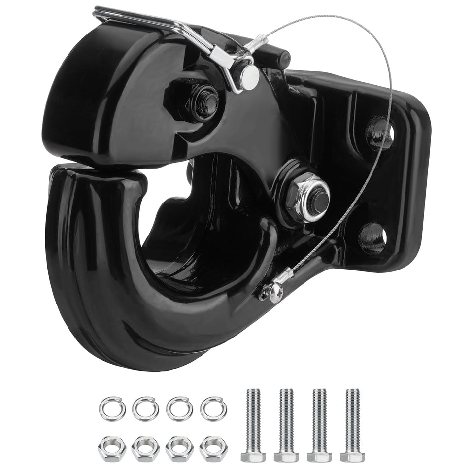 SPARKWHIZ pintle hook front view showing latch and robust hook for secure towing
