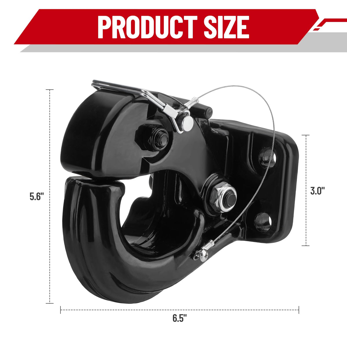 SPARKWHIZ pintle hook next to ruler for scale showing compact heavy-duty dimensions