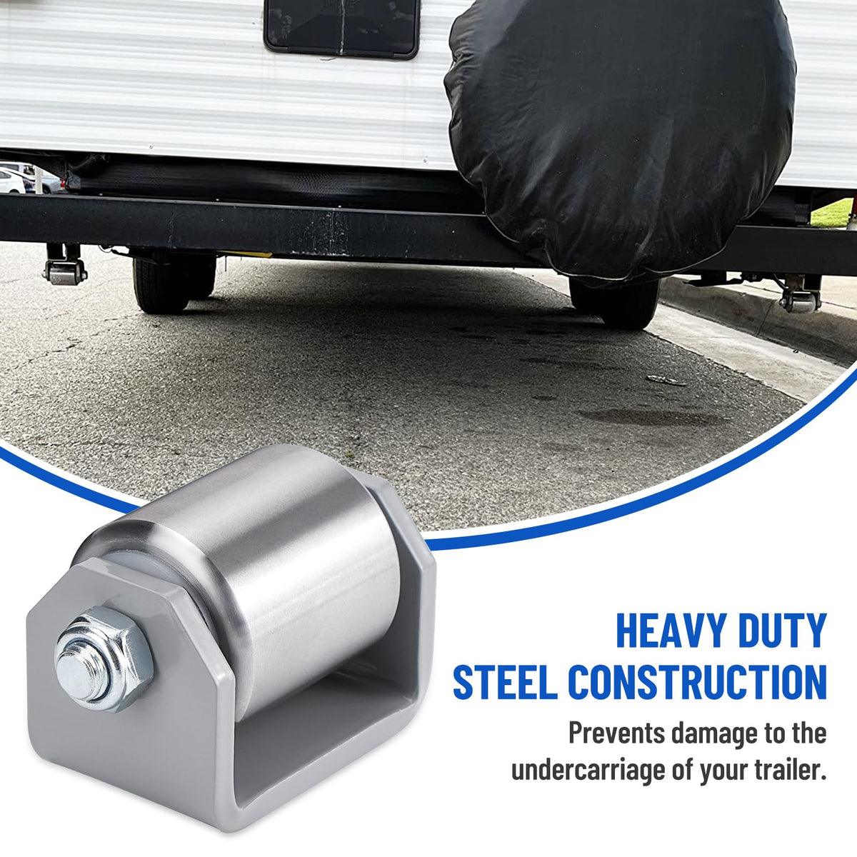 SPARKWHIZ welded roller on trailer frame preventing undercarriage damage