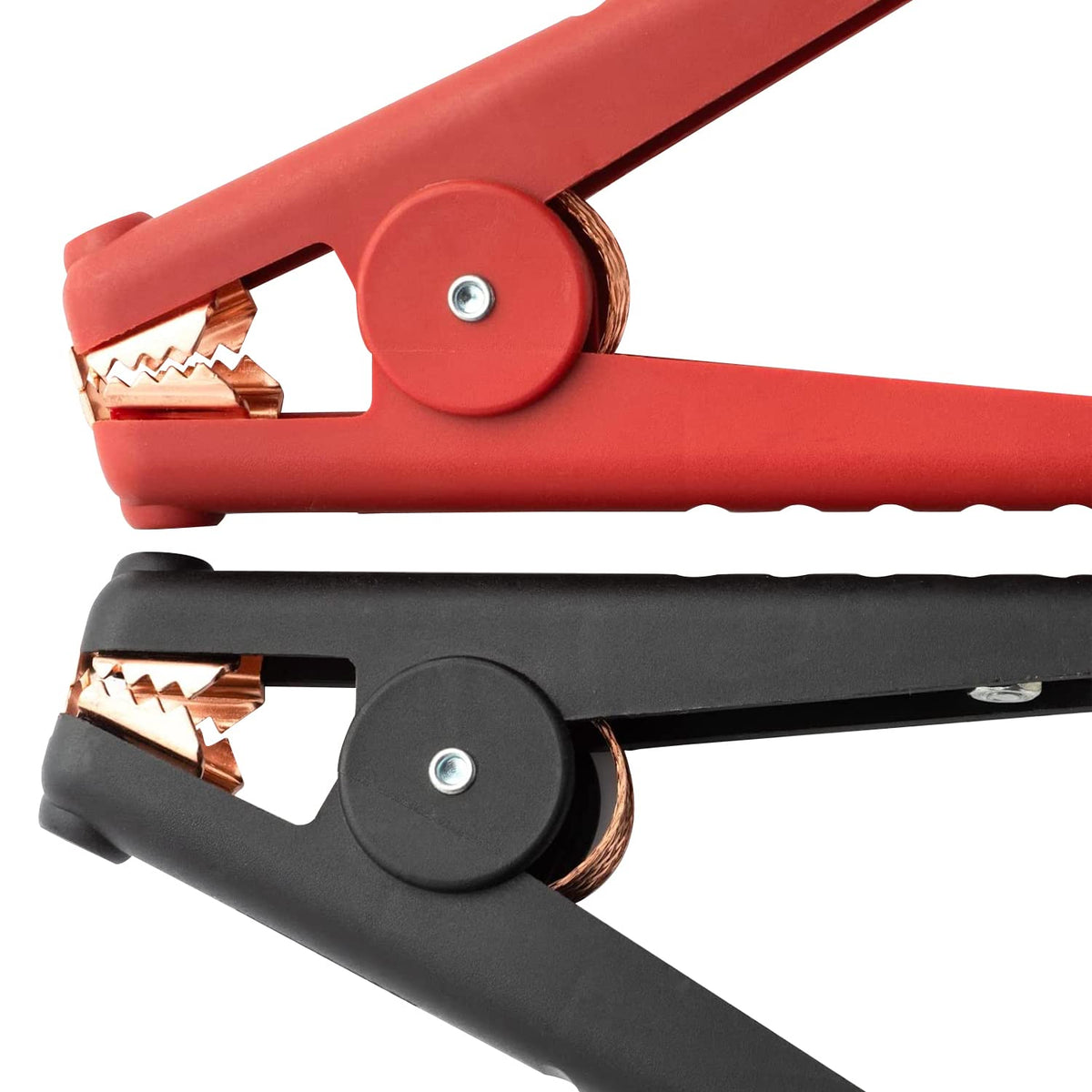 Spartan Power front view of red and black replacement clamps showing robust build and clear polarity