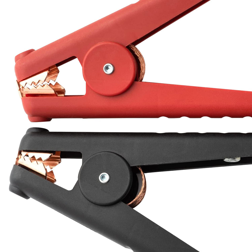 Spartan Power front view of red and black replacement clamps showing robust build and clear polarity