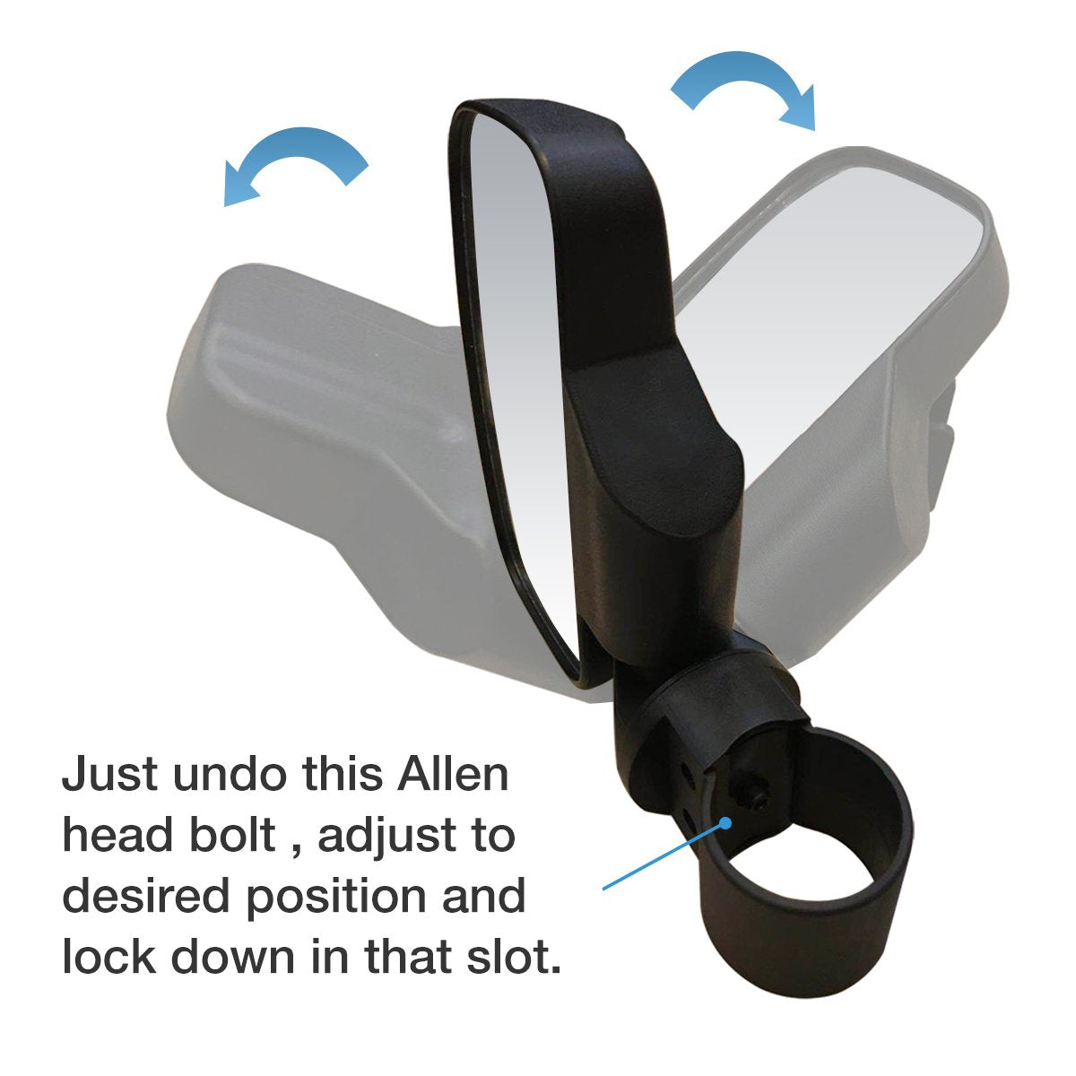 SPAUTO mirror mounted on round roll cage demonstrating secure fit benefit