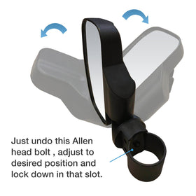 SPAUTO mirror mounted on round roll cage demonstrating secure fit benefit