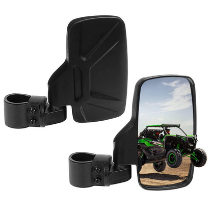 SPAUTO front view of UTV side mirror showing wide tempered glass benefit