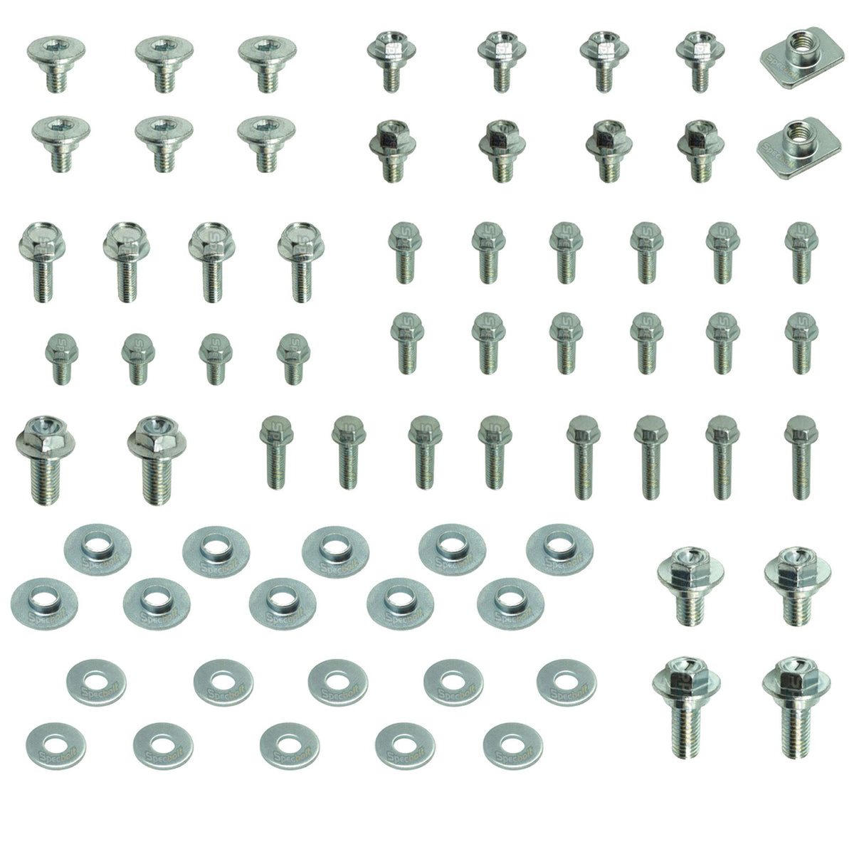 Specbolt kit open layout showing organized bolts and washers for quick identification and use