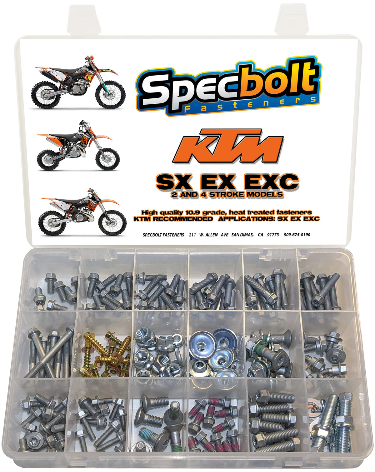 Specbolt open box with labeled compartments and 250 KTM fasteners, speeds repairs