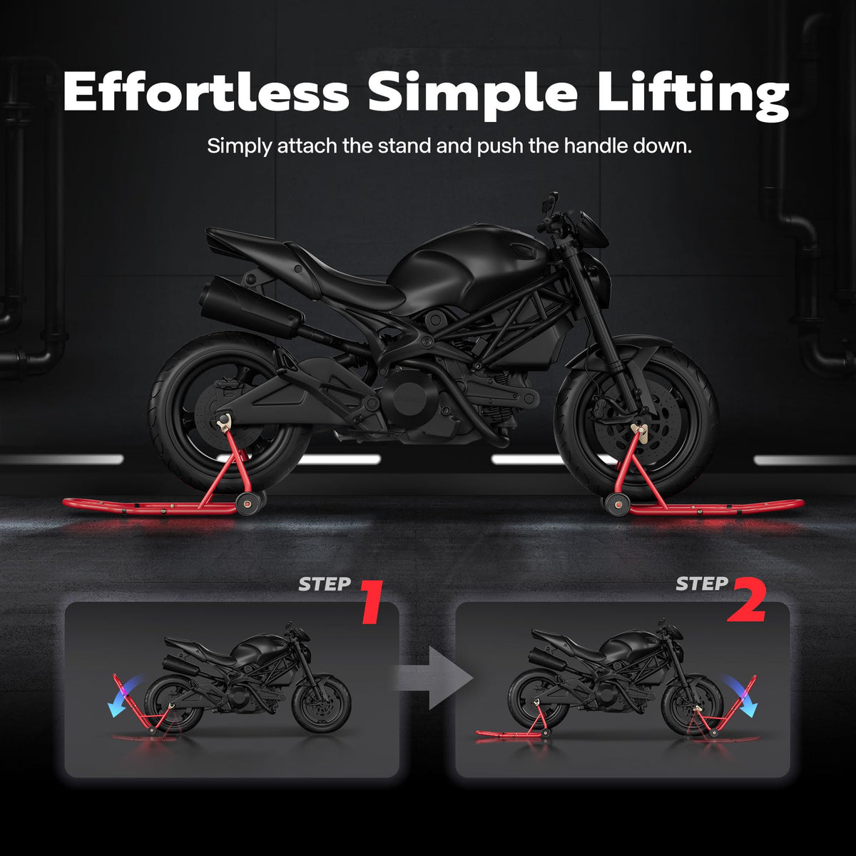 SPECSTAR assembled stands holding motorcycle in garage for stable service