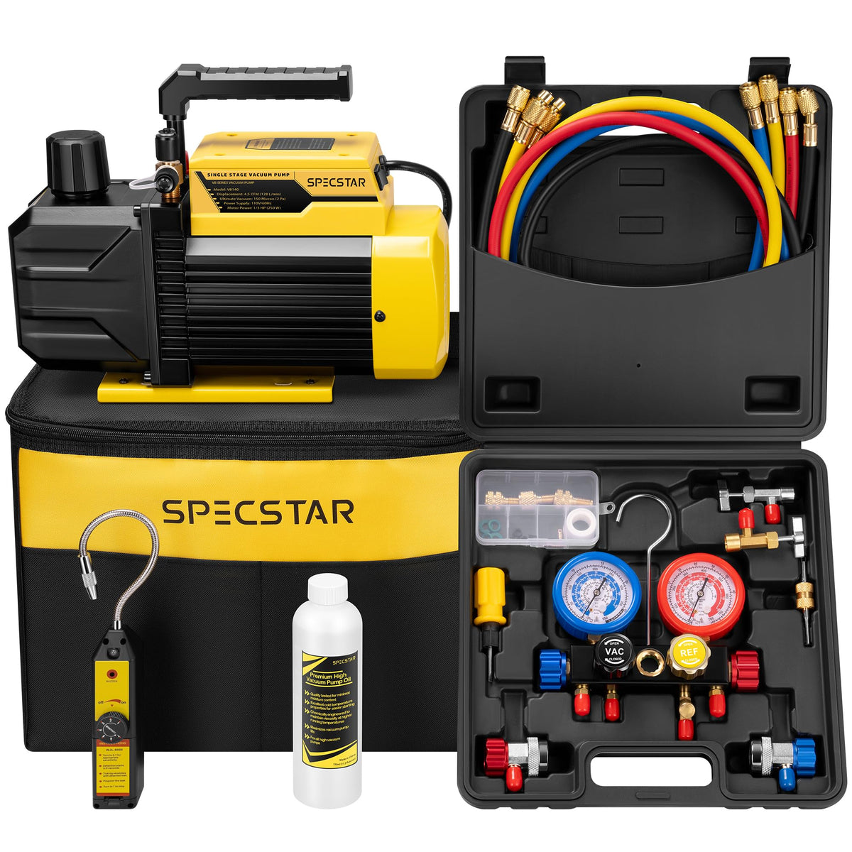SPECSTAR front view of pump and gauge set showing portable design and quick setup benefit