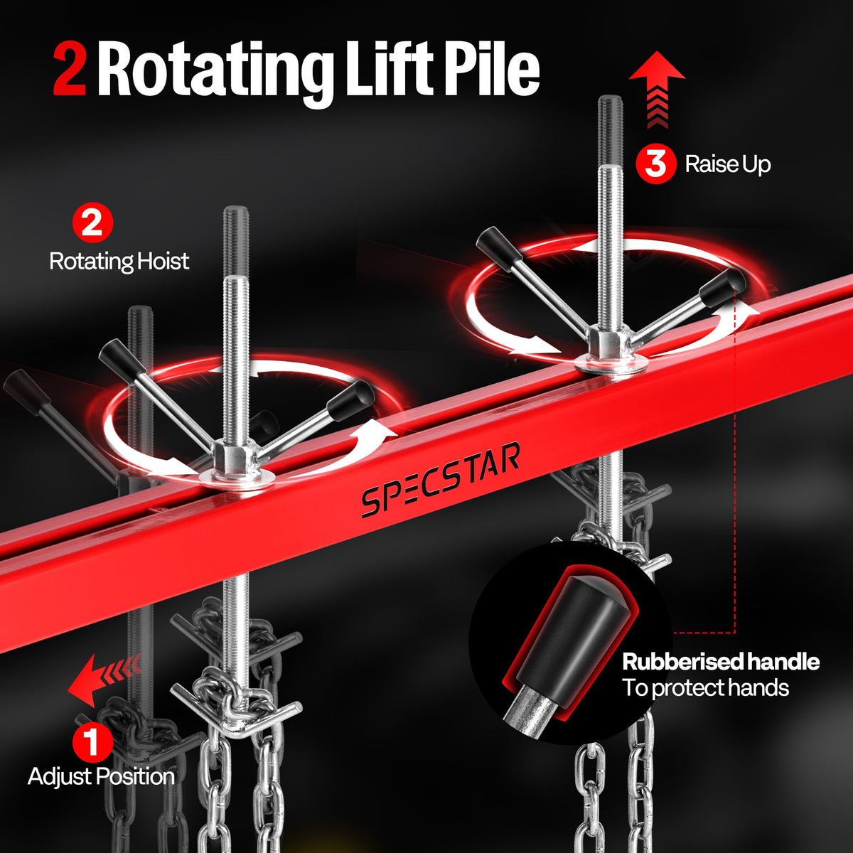 SPECSTAR installed hoist supporting engine in a garage for practical workflow benefit