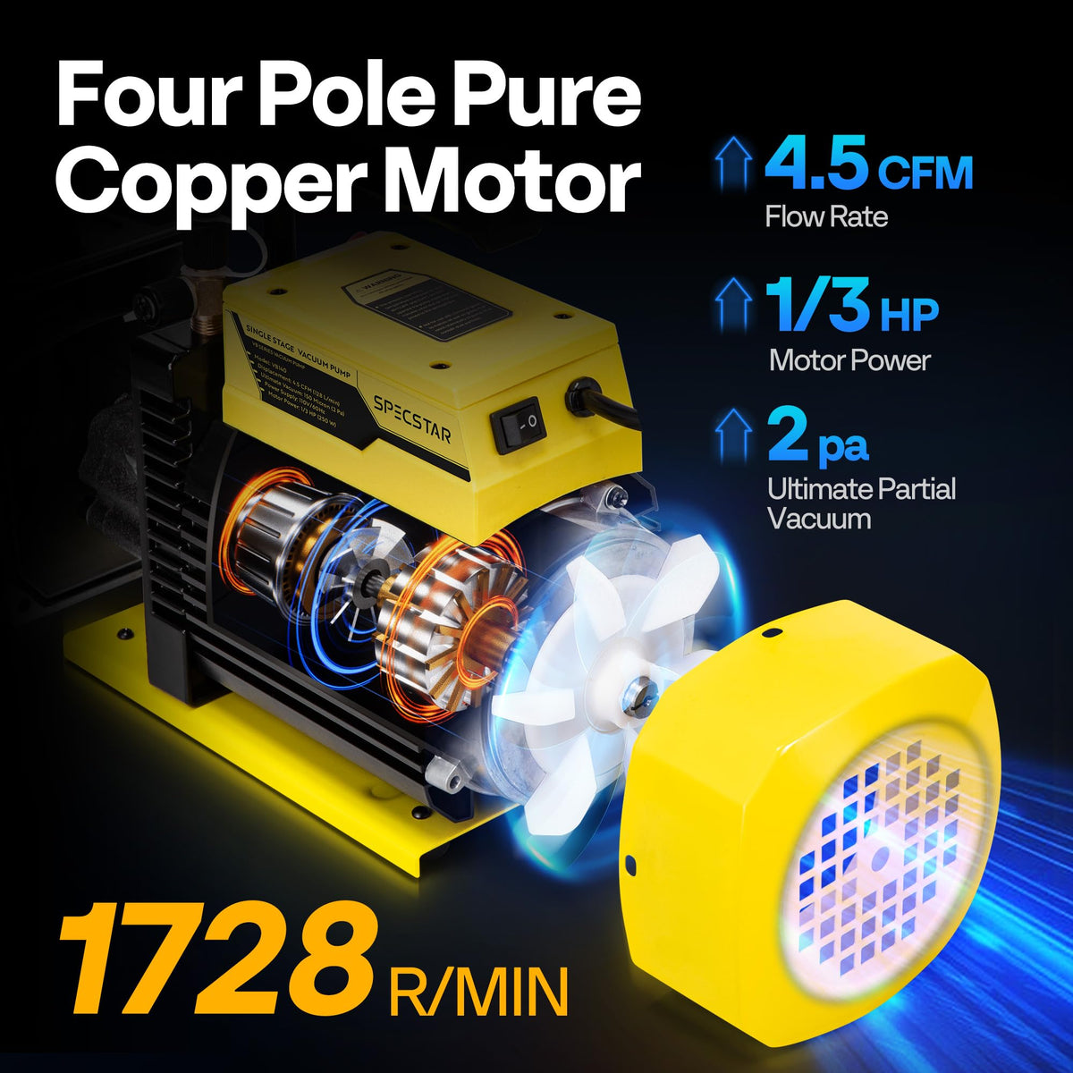 SPECSTAR motor and die-cast housing detail highlighting durable construction and cooling