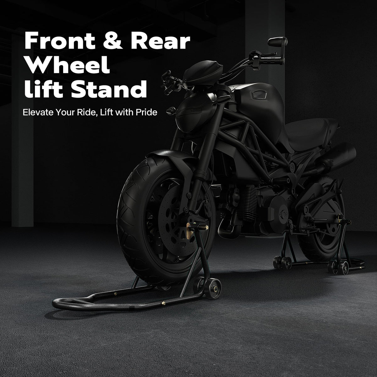 SPECSTAR rear stand full view supporting a motorcycle rear wheel securely