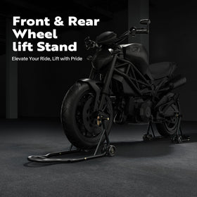 SPECSTAR rear stand full view supporting a motorcycle rear wheel securely