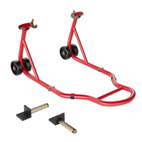 SPECSTAR front view of red motorcycle stand showing sturdy frame and capacity benefit