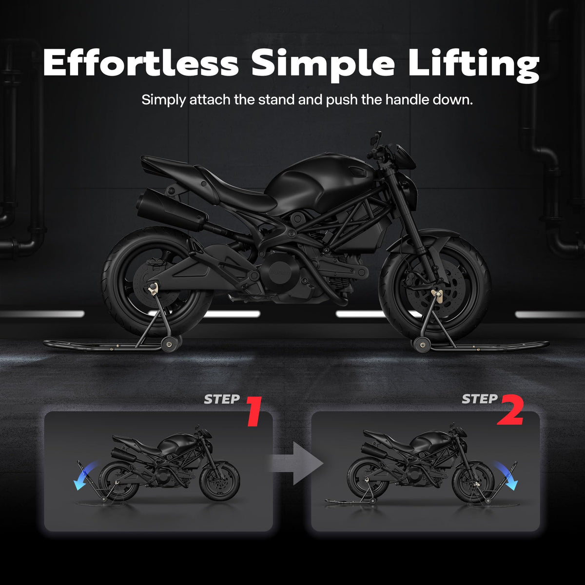 SPECSTAR stand in use on sportbike demonstrating stable maintenance lift