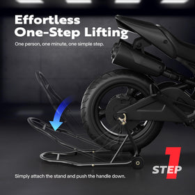SPECSTAR stand lifting a sportbike rear wheel for maintenance and cleaning