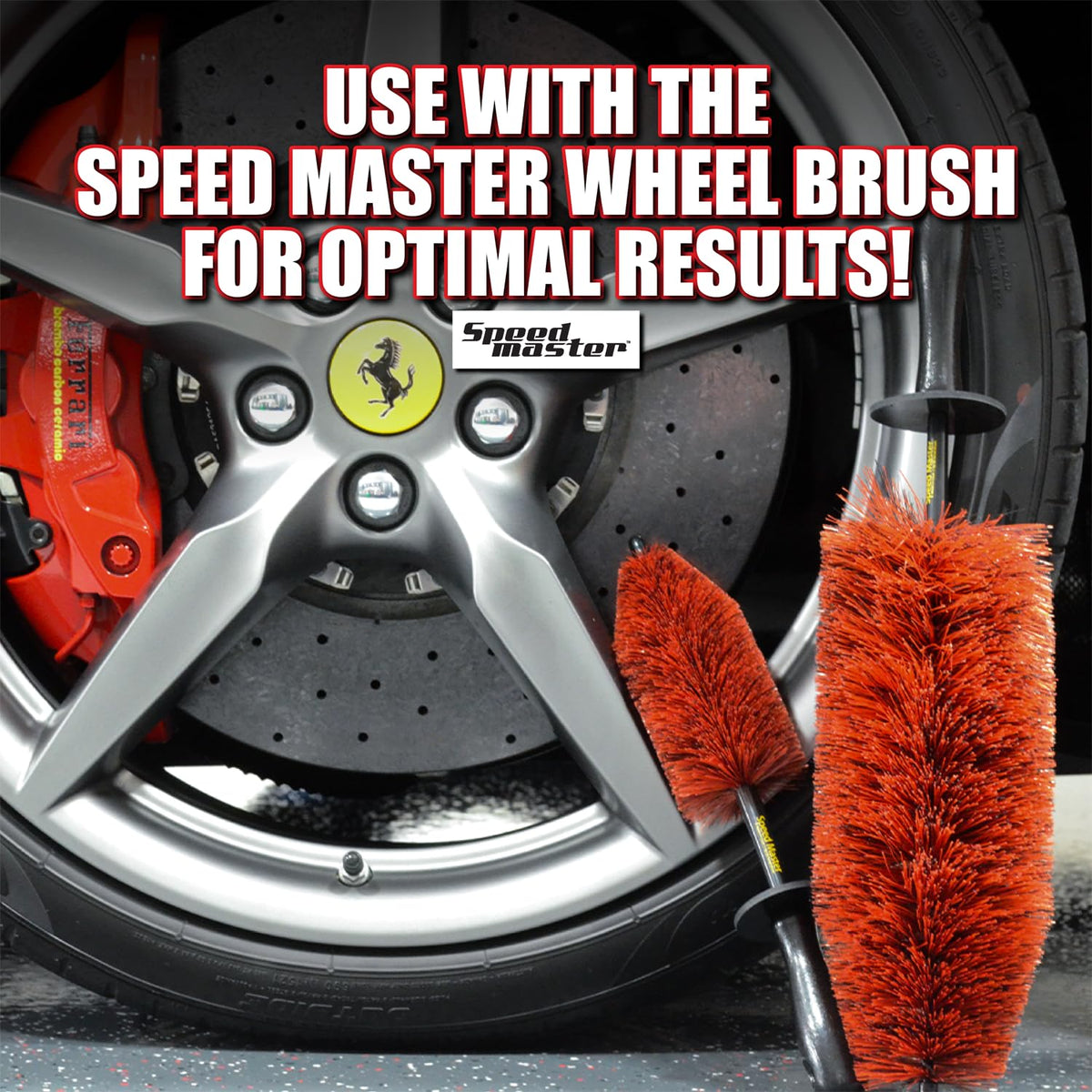 Speed Master in a detailing bay beside wheel cleaner, ready for precision cleaning