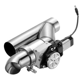 SPELAB front view of 2.5-inch electric exhaust cutout showing valve assembly and chrome finish for durability